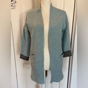 J Jill Reversible Long Open Cardigan Sweater Blue & Grey Pockets Size Small